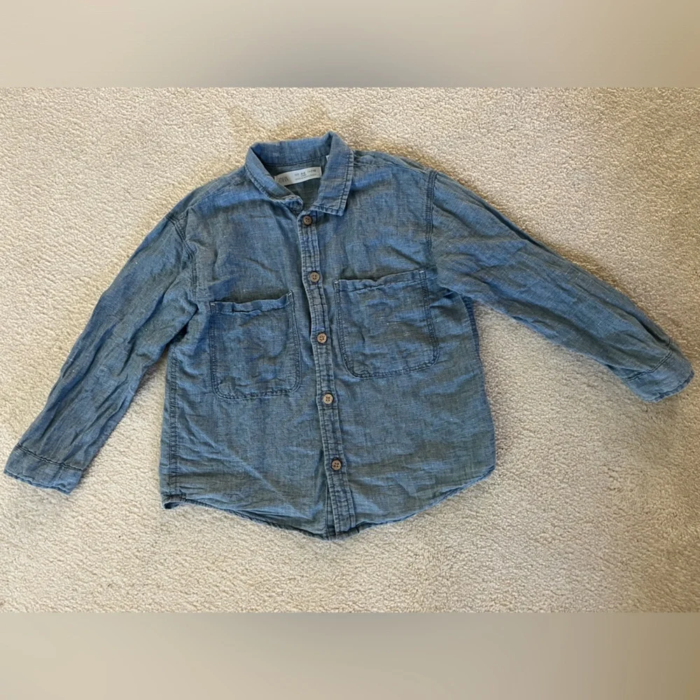 Zara kids, blue, linen blend denim shirt, 4-5 years